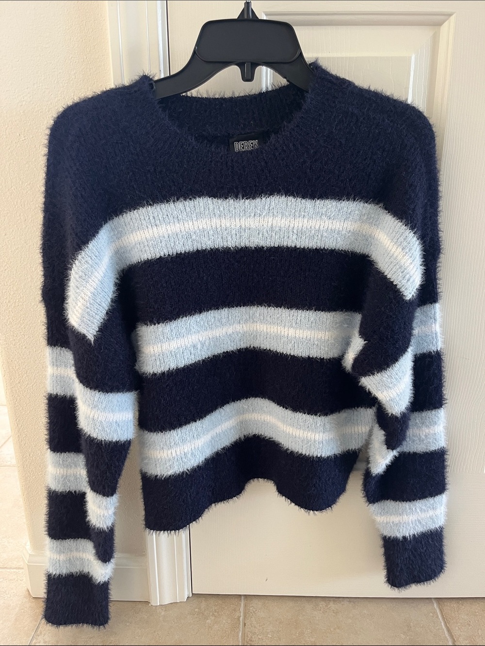 Derek Heart Navy & Light Blue Fuzzy Striped Crewneck Sweater